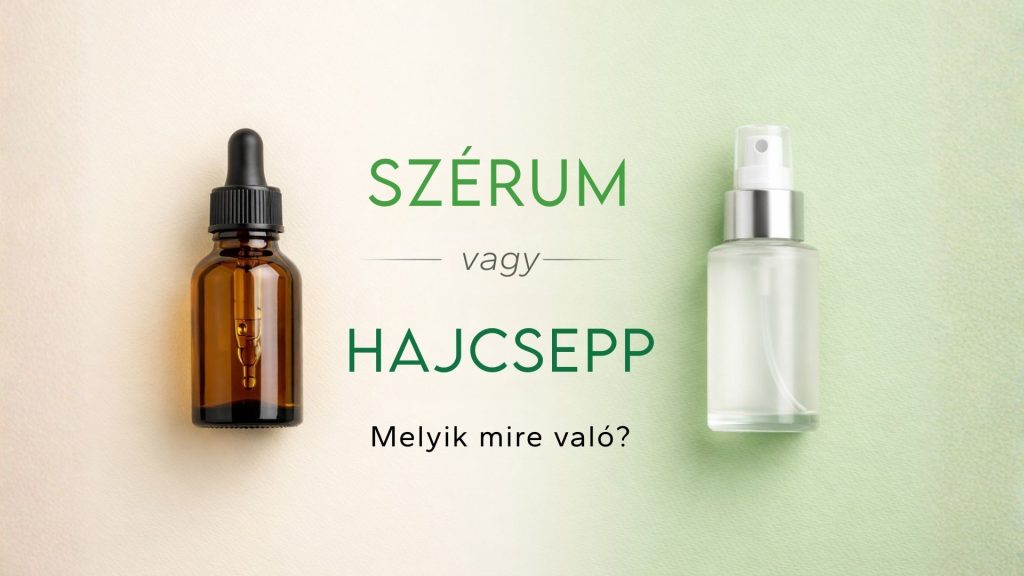 Hajnövesztő szérum vagy hajcsepp összehasonlító banner, cseppentős üveg és pumpás flakon vizuális kontrasztjával